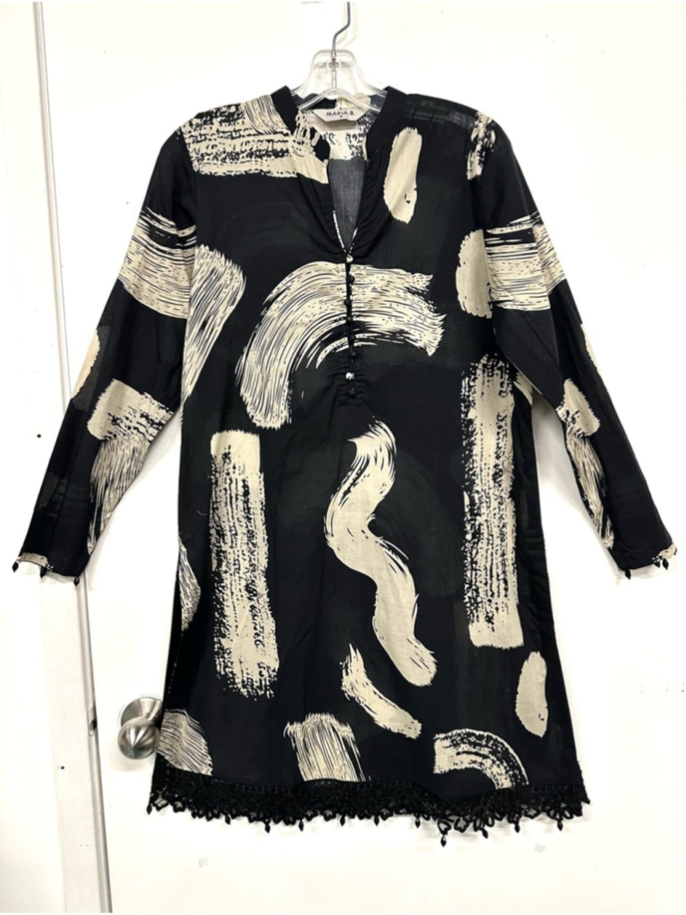 Maria B Cotton Beach Coverup Dress Black Cream Abstract Print Medium